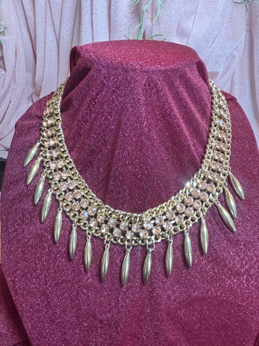 Gold tone rhinestone chain bib necklace